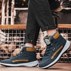 Men's Waterproof High-Top Sneakers with Warm Plush Lining – Stylish Outdoor Athletic Shoes with Yellow Accents and Durable Sole