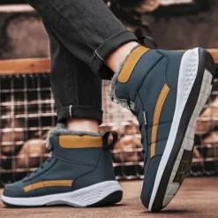 Men's Waterproof High-Top Sneakers with Warm Plush Lining – Stylish Outdoor Athletic Shoes with Yellow Accents and Durable Sole