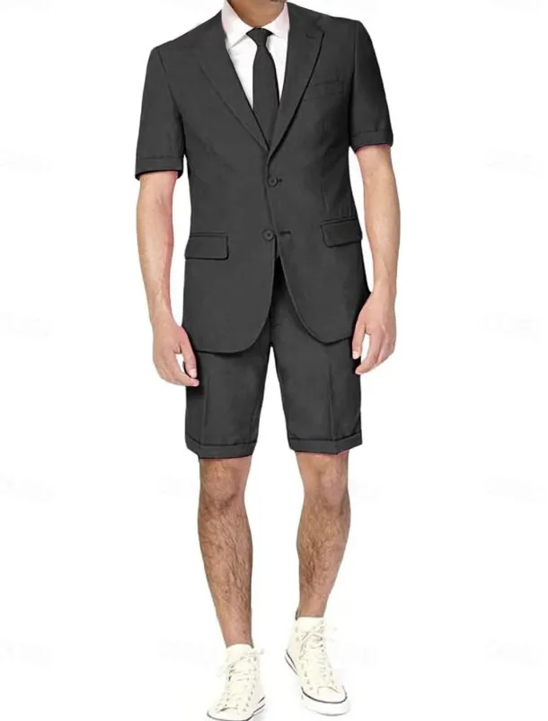 Men's Wedding Beach Linen Suits Notch Black Dark Navy Solid Colored Tailored Fit 2 Piece Single Breasted Two-buttons