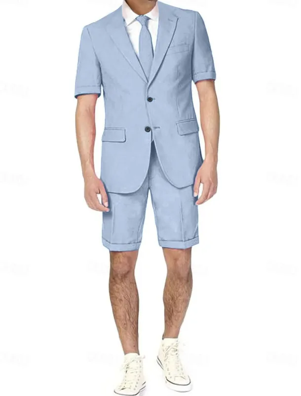 Men's Wedding Beach Linen Suits Notch Black Dark Navy Solid Colored Tailored Fit 2 Piece Single Breasted Two-buttons