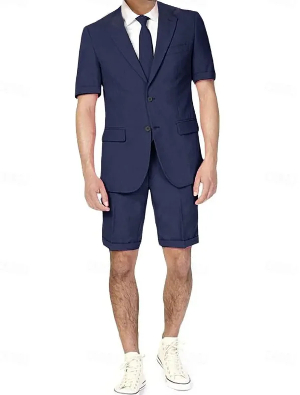 Men's Wedding Beach Linen Suits Notch Black Dark Navy Solid Colored Tailored Fit 2 Piece Single Breasted Two-buttons