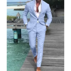 Men's Wedding Beach Linen Suits Closure collar Light Blue pea green Solid Colored Tailored Fit 2 Piece Single Breasted One-button