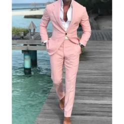 Men's Wedding Beach Linen Suits Closure collar Light Blue pea green Solid Colored Tailored Fit 2 Piece Single Breasted One-button