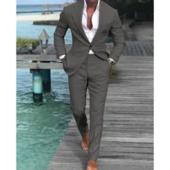 Men's Wedding Beach Linen Suits Closure collar Light Blue pea green Solid Colored Tailored Fit 2 Piece Single Breasted One-button