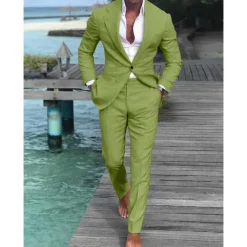 Men's Wedding Beach Linen Suits Closure collar Light Blue pea green Solid Colored Tailored Fit 2 Piece Single Breasted One-button