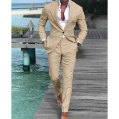 Men's Wedding Beach Linen Suits Closure collar Light Blue pea green Solid Colored Tailored Fit 2 Piece Single Breasted One-button