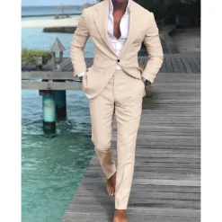 Men's Wedding Beach Linen Suits Closure collar Light Blue pea green Solid Colored Tailored Fit 2 Piece Single Breasted One-button
