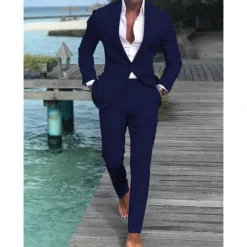 Men's Wedding Beach Linen Suits Closure collar Light Blue pea green Solid Colored Tailored Fit 2 Piece Single Breasted One-button