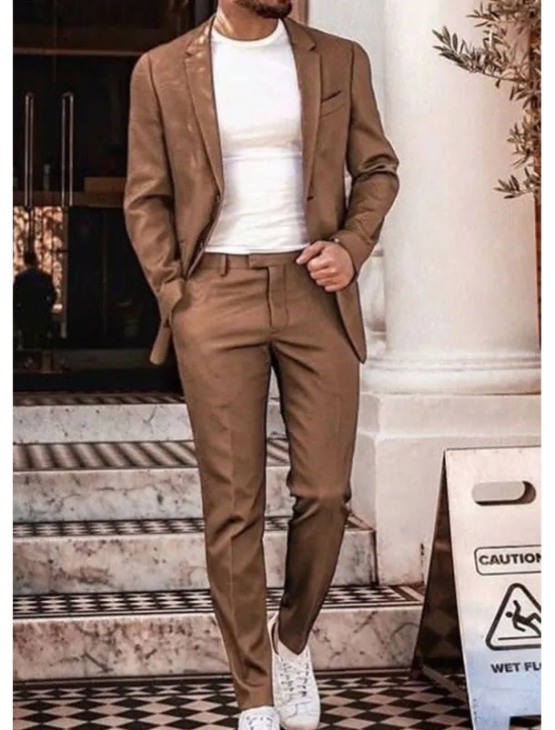 Men's Wedding Beach Linen Suits Notch Brown Beige Solid Colored Tailored Fit 2 Piece Single Breasted Two-buttons