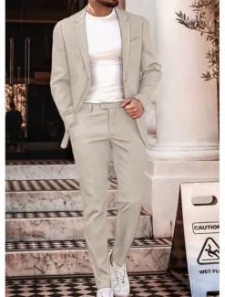 Men's Wedding Beach Linen Suits Notch Brown Beige Solid Colored Tailored Fit 2 Piece Single Breasted Two-buttons