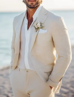 Men's Wedding Beach Wedding Linen Suits Beige Lightweight Casual Solid Colored Standard Fit 2 Piece Single Breasted One-button