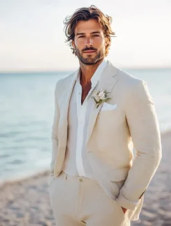 Men's Wedding Beach Wedding Linen Suits Beige Lightweight Casual Solid Colored Standard Fit 2 Piece Single Breasted One-button