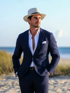 Men's Wedding Beach Wedding Linen Suits Navy Blue Lightweight Casual Solid Colored Standard Fit 2 Piece Single Breasted Two-buttons