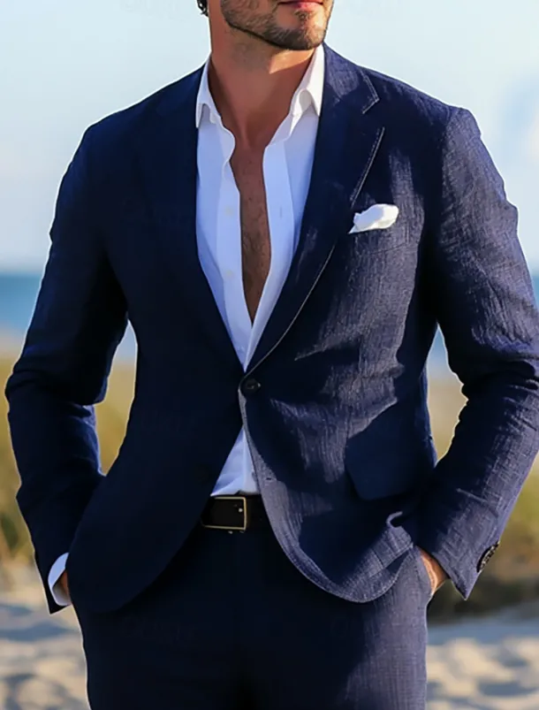 Men's Wedding Beach Wedding Linen Suits Navy Blue Lightweight Casual Solid Colored Standard Fit 2 Piece Single Breasted Two-buttons