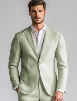 Men's Wedding Business Linen Suits Peaked Lapel Sage Fashion Casual Solid Colored Standard Fit 2 Piece Single Breasted One-button