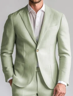 Men's Wedding Business Linen Suits Peaked Lapel Sage Fashion Casual Solid Colored Standard Fit 2 Piece Single Breasted One-button