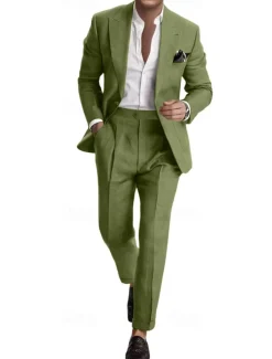 Men's Wedding Business Linen Suits Pink Sky Blue Summer Fashion Casual Solid Colored Standard Fit 2 Piece Single Breasted One-button