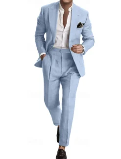 Men's Wedding Business Linen Suits Pink Sky Blue Summer Fashion Casual Solid Colored Standard Fit 2 Piece Single Breasted One-button