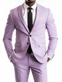 Men's Wedding Business Suits Lilac Purple Summer Fashion Formal Solid Colored Standard Fit 2 Piece Single Breasted Two-buttons