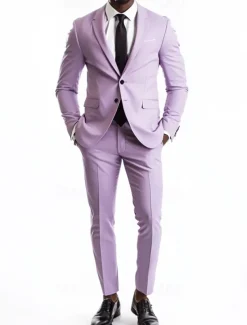Men's Wedding Business Suits Lilac Purple Summer Fashion Formal Solid Colored Standard Fit 2 Piece Single Breasted Two-buttons
