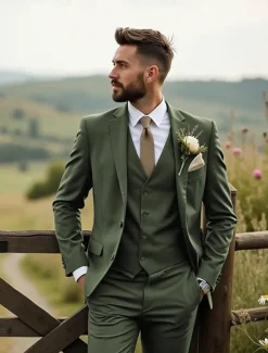 Men's Wedding Business Suits Black Sage Fashion Formal Solid Colored Standard Fit 3 Piece Single Breasted Two-buttons