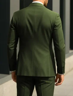 Men's Wedding Business Suits Peaked Lapel Grape Army Green Formal Solid Colored Standard Fit 2 Piece Double Breasted Six-buttons