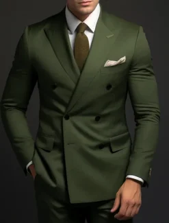 Men's Wedding Business Suits Peaked Lapel Grape Army Green Formal Solid Colored Standard Fit 2 Piece Double Breasted Six-buttons