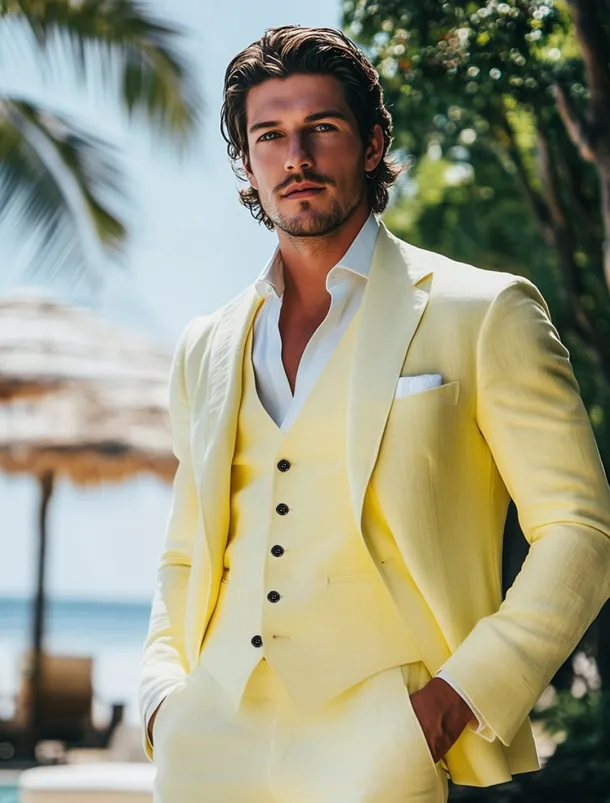 Men's Wedding Casual Linen Suits Daffodil Summer Yellow Fashion Formal Solid Colored Standard Fit 3 Piece Single Breasted One-button