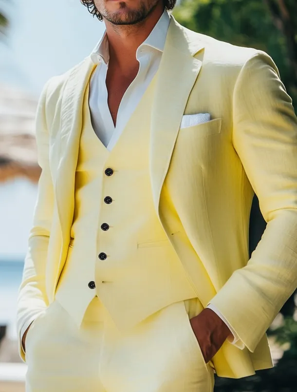 Men's Wedding Casual Linen Suits Daffodil Summer Yellow Fashion Formal Solid Colored Standard Fit 3 Piece Single Breasted One-button