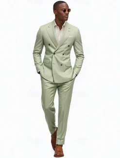 Men's Wedding Casual Suits Peaked Lapel Sage Fashion Solid Colored Standard Fit 2 Piece Double Breasted Six-buttons