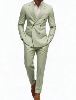 Men's Wedding Casual Suits Peaked Lapel Sage Fashion Solid Colored Standard Fit 2 Piece Double Breasted Six-buttons