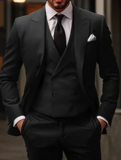 Men's Wedding Christmas Suits Peak Red Burgundy Daily Business Solid Colored Slim Fit 3 Piece Single Breasted Two-buttons