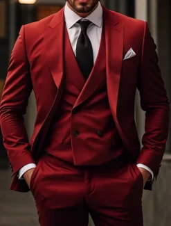 Men's Wedding Christmas Suits Peak Red Burgundy Daily Business Solid Colored Slim Fit 3 Piece Single Breasted Two-buttons