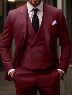 Men's Wedding Christmas Suits Peak Red Burgundy Daily Business Solid Colored Slim Fit 3 Piece Single Breasted Two-buttons
