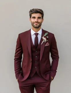 Men's Wedding Fall Wedding Suits Notch Lapel Burgundy Purple Solid Colored Standard Fit 3 Piece Single Breasted Two-buttons