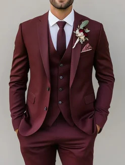 Men's Wedding Fall Wedding Suits Notch Lapel Burgundy Purple Solid Colored Standard Fit 3 Piece Single Breasted Two-buttons