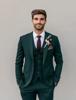 Men's Wedding Fall Wedding Suits Notch Lapel Burgundy Purple Solid Colored Standard Fit 3 Piece Single Breasted Two-buttons
