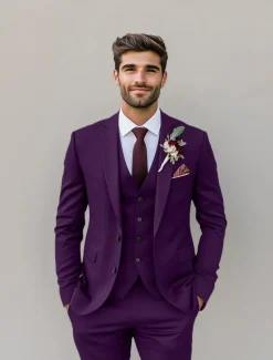 Men's Wedding Fall Wedding Suits Notch Lapel Burgundy Purple Solid Colored Standard Fit 3 Piece Single Breasted Two-buttons