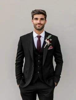 Men's Wedding Fall Wedding Suits Notch Lapel Burgundy Purple Solid Colored Standard Fit 3 Piece Single Breasted Two-buttons