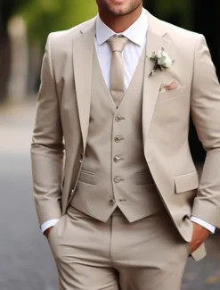 Men's Wedding Fall Wedding Suits Notch Dark Green Khaki Daily Business Solid Colored Plus Size 3 Piece Single Breasted Two-buttons