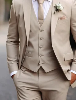 Men's Wedding Fall Wedding Suits Notch Dark Green Khaki Daily Business Solid Colored Plus Size 3 Piece Single Breasted Two-buttons