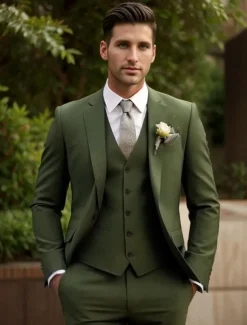 Men's Wedding Fall Wedding Suits Notch Lapel Army Green Party Formal Solid Colored Standard Fit 3 Piece Single Breasted Two-buttons