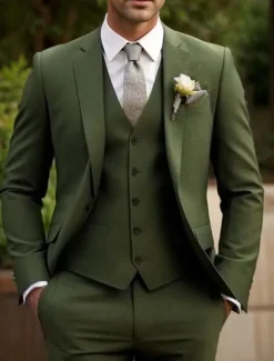 Men's Wedding Fall Wedding Suits Notch Lapel Army Green Party Formal Solid Colored Standard Fit 3 Piece Single Breasted Two-buttons