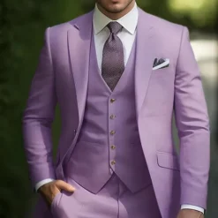 Men's Wedding Fall Wedding Suits Notch Pink Burgundy Solid Colored Tailored Fit 3 Piece Single Breasted One-button