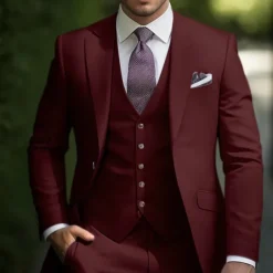 Men's Wedding Fall Wedding Suits Notch Pink Burgundy Solid Colored Tailored Fit 3 Piece Single Breasted One-button
