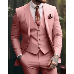 Men's Wedding Fall Wedding Suits Notch Pink Burgundy Solid Colored Tailored Fit 3 Piece Single Breasted One-button