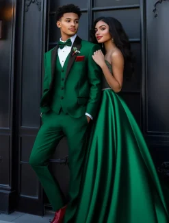 Men's Wedding Homecoming Party Suits Peaked Lapel Dark Green Fashion Business Solid Colored Standard Fit 3 Piece Single Breasted One-button