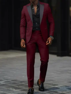 Men's Wedding Homecoming Suits Peaked Lapel Peak Burgundy Dark Green Fashion Daily Solid Colored Tailored Fit 2 Piece Single Breasted One-button