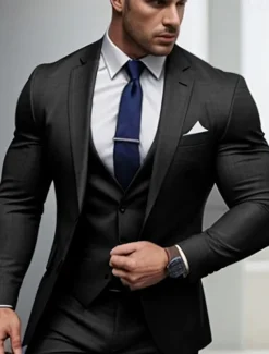 Men's Wedding Homecoming Suits Notch Black Light Grey Business Casual Daily Solid Colored Tailored Fit 3 Piece Single Breasted Two-buttons