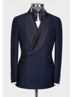 Men's Wedding Homecoming Suits Shawl Lapel Shawl Collar Navy Blue Dark Green Daily Lightweight Solid Colored Tailored Fit 2 Piece Double Breasted Two-buttons